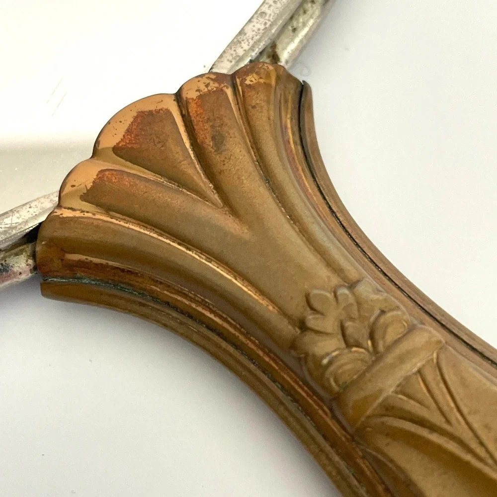 Vintage Art Deco Hand Mirror Floral‎ Brocade Fabric Back Hollywood Regency Metal